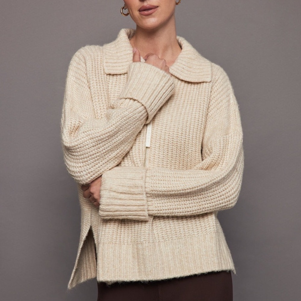 Varley Amelia Half Zip Knit Women Medium Oatmeal Beige Ribbed Wool Blend Sweater